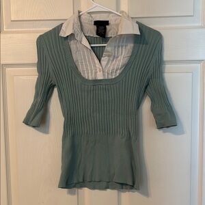 It's Our Time Green Ribbed Blouse with White Collar